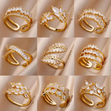 New AAA White Zircon Crystals Layered Leaf Stainless Steel Gold Plated Plant Rings - Fashion Aesthetic Jewellery - The Jewellery Supermarket